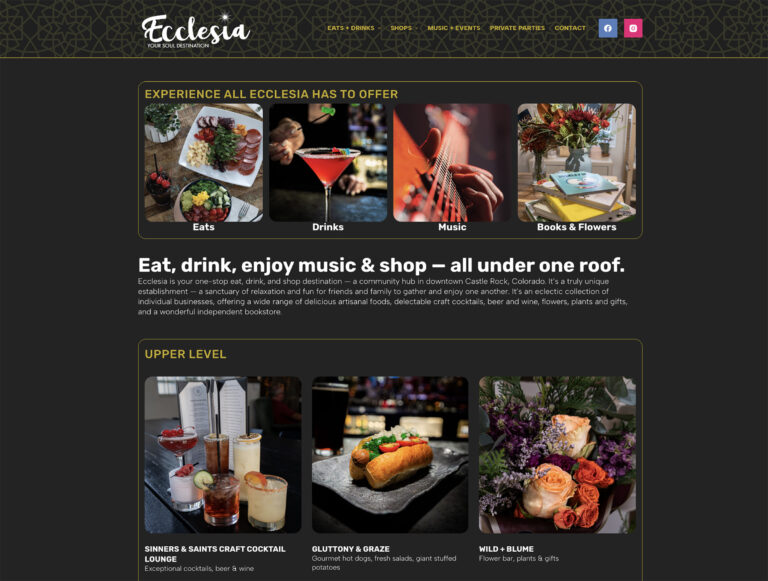 Screen grab of the new Ecclesia Market website, built by the Lucey Agency. Ecclesia Market is a fantastic bar and restaurant venue in downtown Castle Rock, Colorado.
