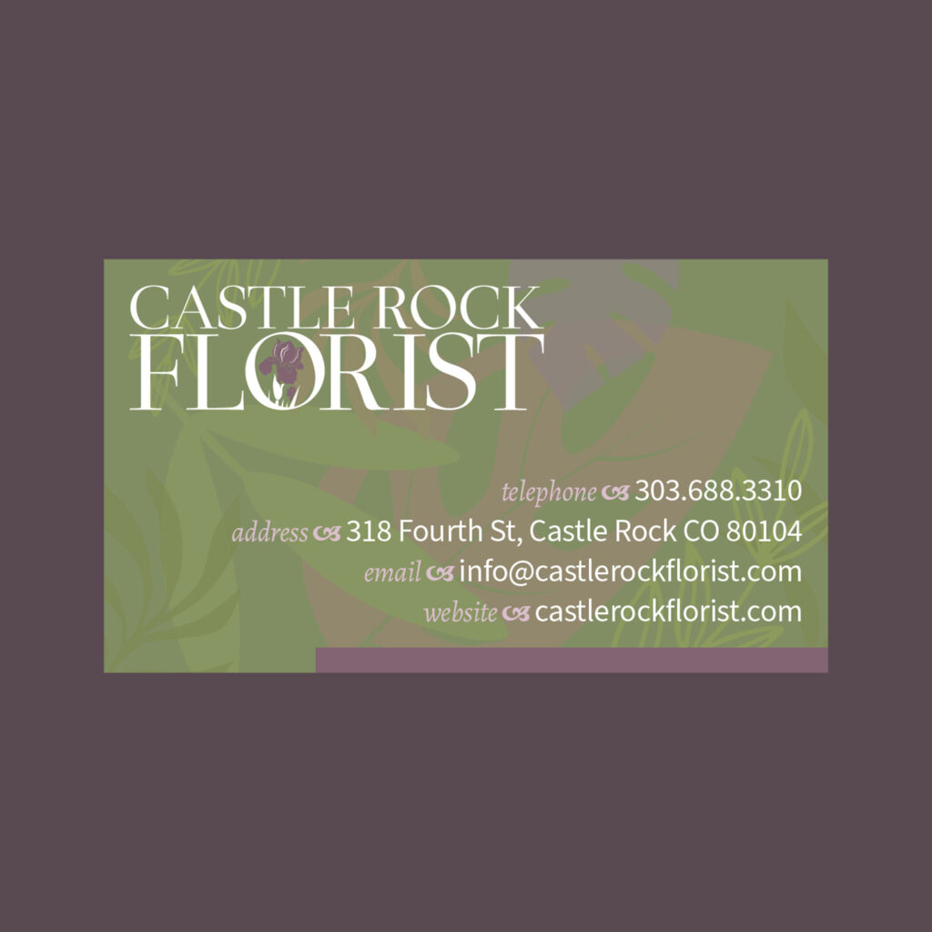 Business card design for Castle Rock Florist, a flower shop in Castle Rock, Colorado.